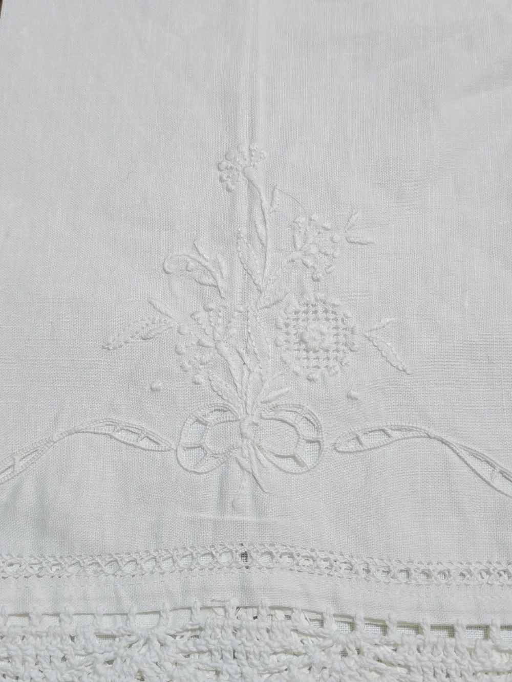 Pair Of Linen Embroidered Crochet Tea Towels
